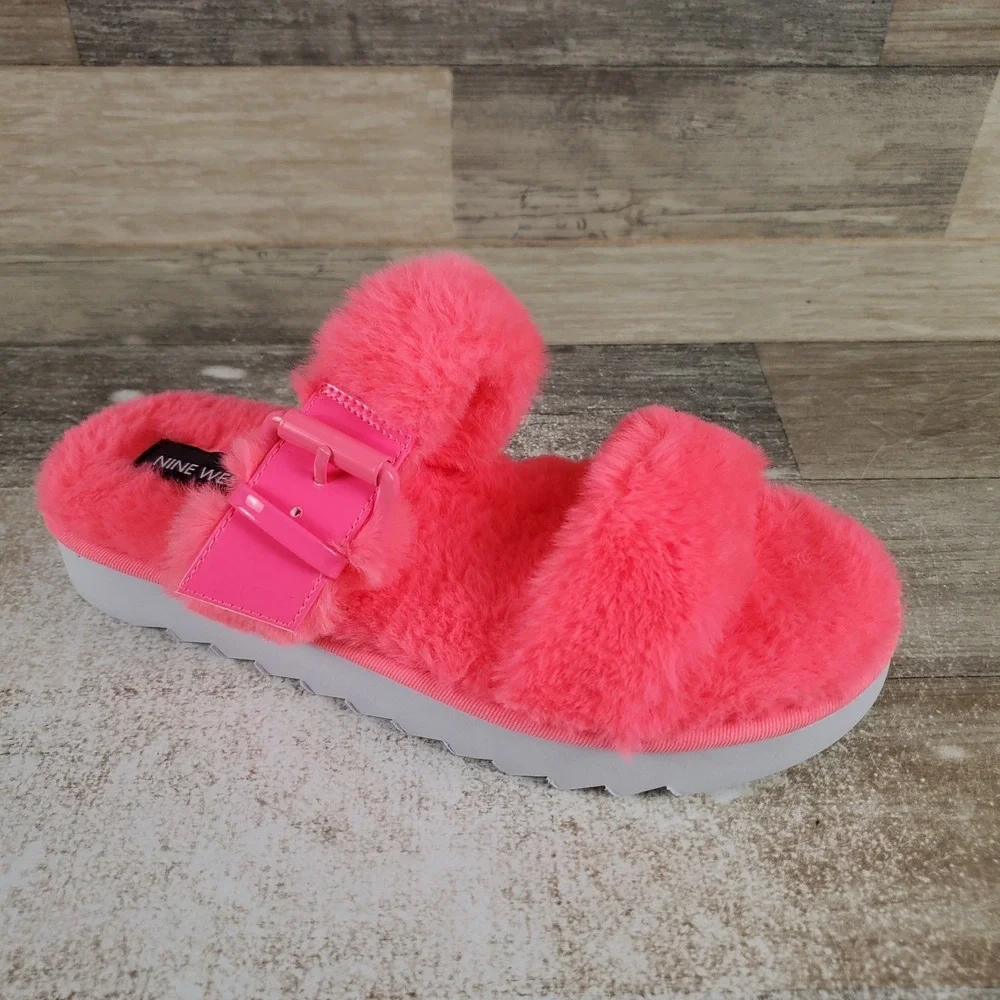Nine West Funkie 2 Womens Flat Sandals Sz 6 M Hot Pink Slip On Open & Round Toe‎